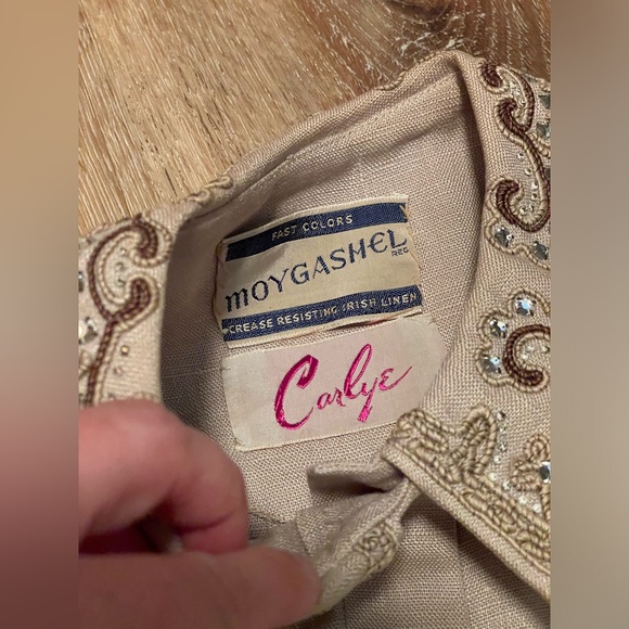 Vintage 1940’s 50s rhinestone beads linen dress pleats buttons Medium M 28”w VLV - Picture 4 of 12